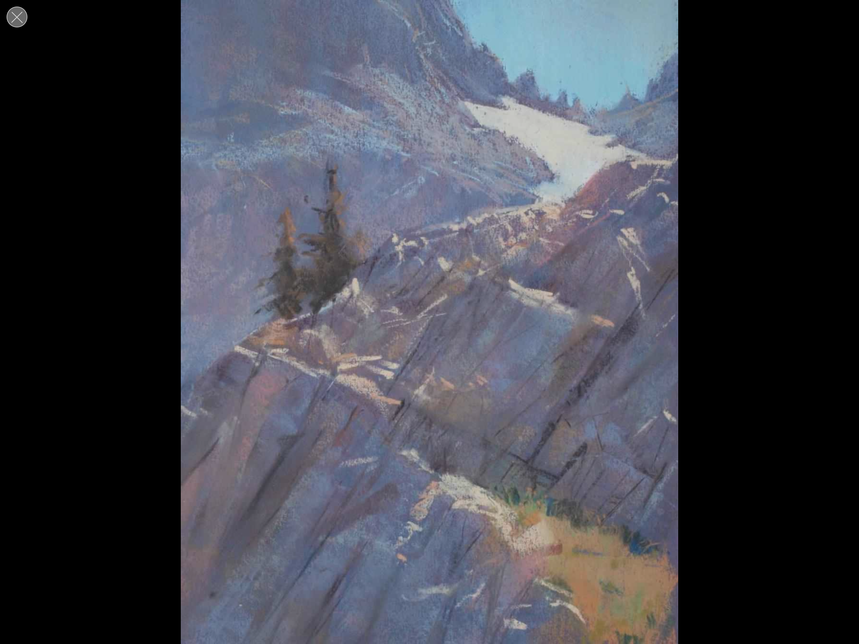 Bill Cone pastel painting of steep gray rocky cliffs in shadow and pale light with a single dark conifer in the middle distance and a small patch of bright blue sky in the upper right.
